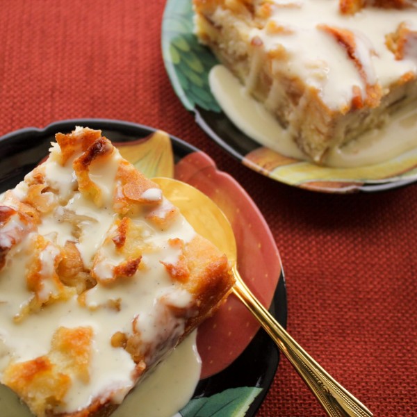 White Chocolate Macadamia Nut Bread Pudding with Vanilla Bean Creme